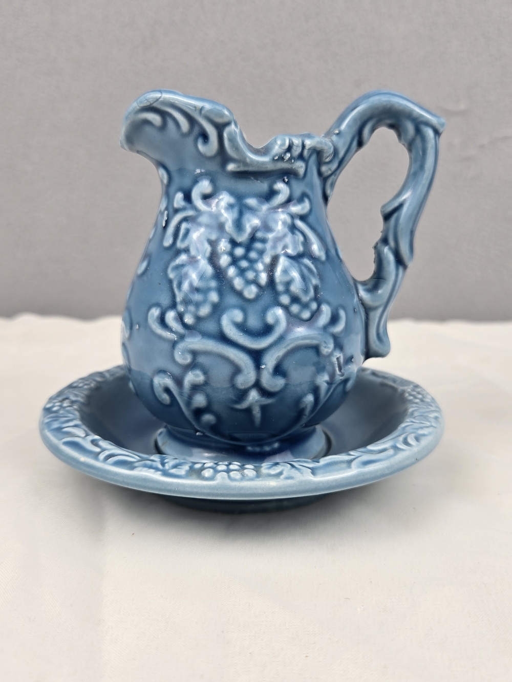 Vintage Norleans Japan Blue Glaze Creamer Pitcher & Saucer Set